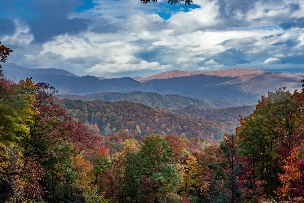 Vedere a frunzisului de toamna in Parcul National Great Smoky Mountains, Carolina de Nord si Tennessee